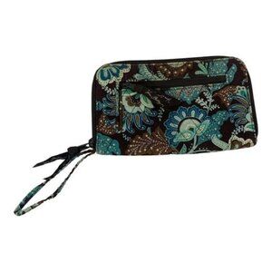 Vera Bradley Zip-Around Wristlet Wallet In Turquoise & Brown Floral Pattern